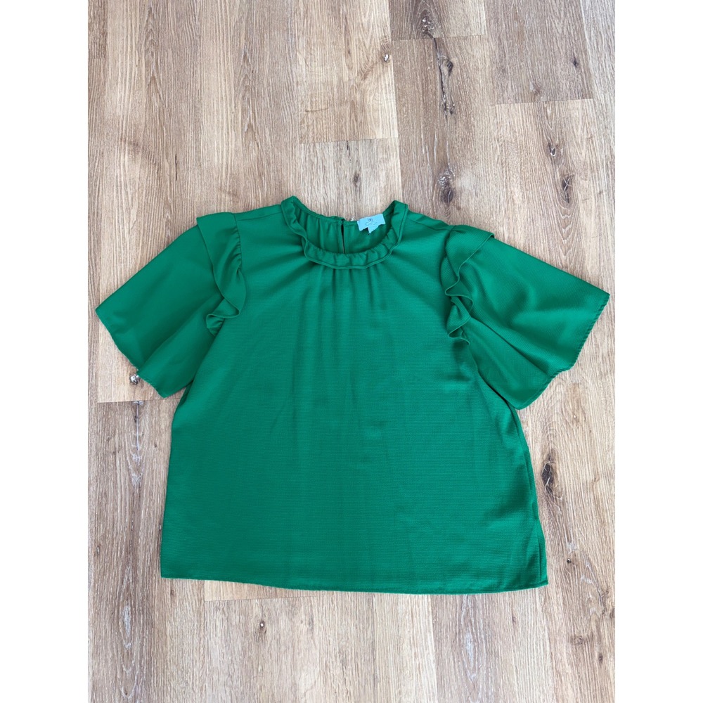 CeCe Minimalist Ruffle Neck Flutter Sleeve Blouse Women XL Green Textured Crepe
